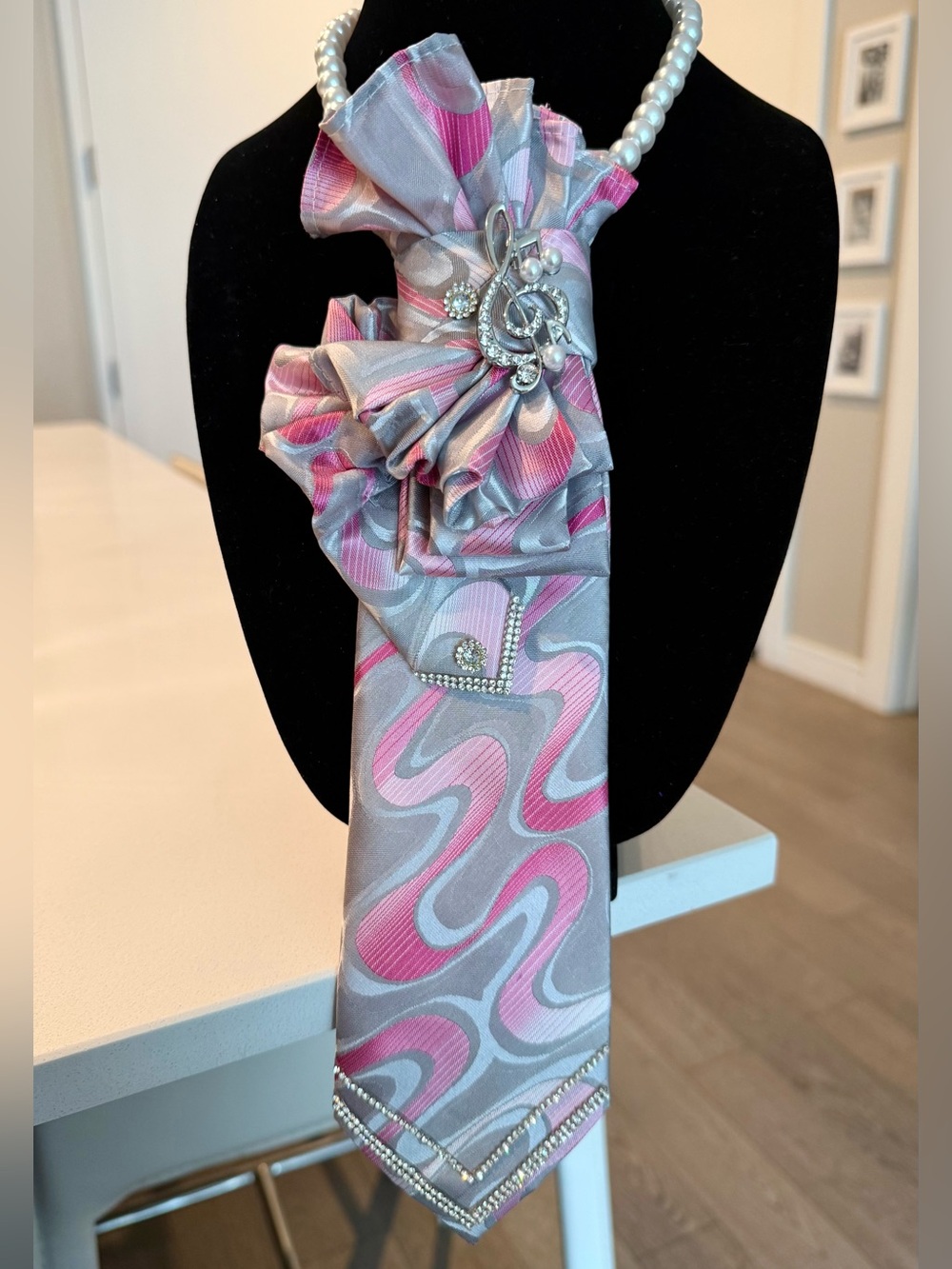 Pink & Gray Statement Tie Necklace w Rhinestone Music Brooch and Trim